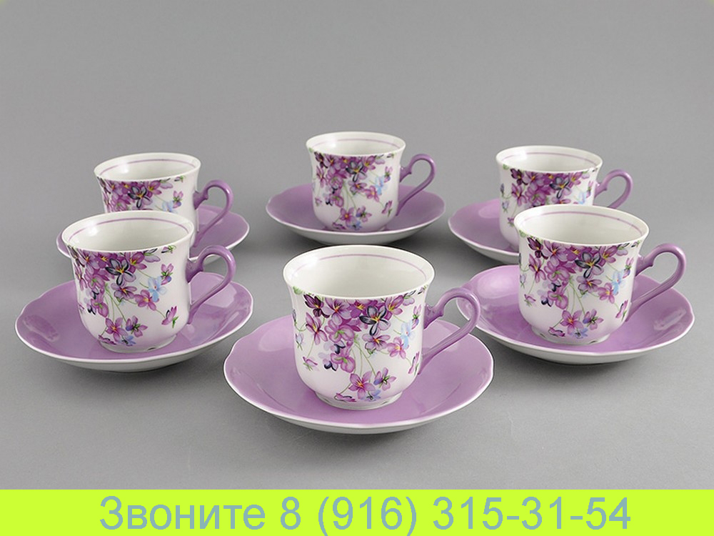 Набор чайных чашек 200 мл с блюдцем 15 см на 6 персон Мэри-Энн Mary-Anne Лиловые Цветы