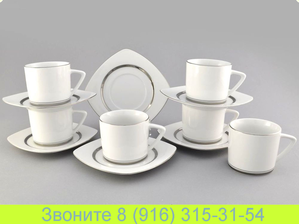 Набор чайных чашек 200 мл с блюдцем 15 см Бьянка Byanka Отводка Платина